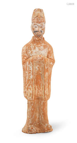 A LARGE PAINTED POTTERY FIGURE OF AN OFFICIAL Tang Dynasty