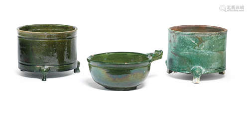 THREE GREEN-GLAZED VESSELS Eastern Han Dynasty