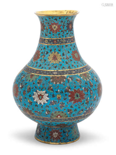 A LARGE CLOISONNÉ ENAMEL AND GILT-BRONZE PEAR-SHAPED VASE, H...