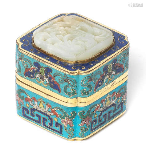 A RARE CLOISONNÉ ENAMEL JADE-INSET SQUARE BOX AND COVER The ...
