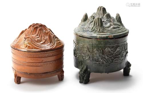 TWO GLAZED TRIPOD 'HILL' INCENSE BURNERS AND COVERS Eastern ...