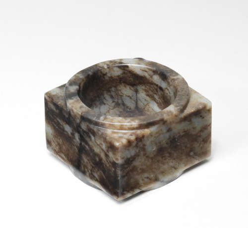 A RARE GREY AND RUSSET JADE CONG Neolithic Period/Shang Dyna...