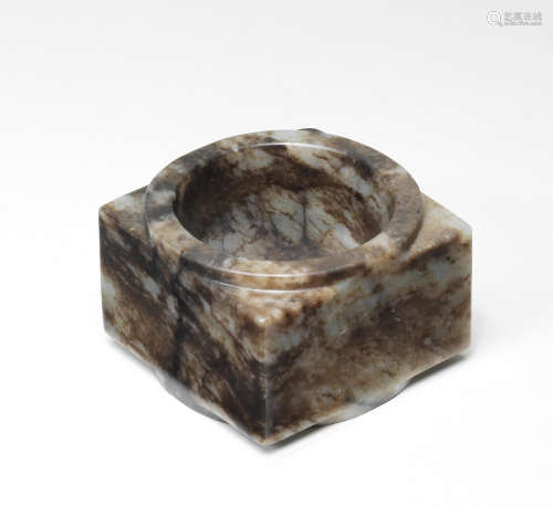 A RARE GREY AND RUSSET JADE CONG Neolithic Period/Shang Dyna...