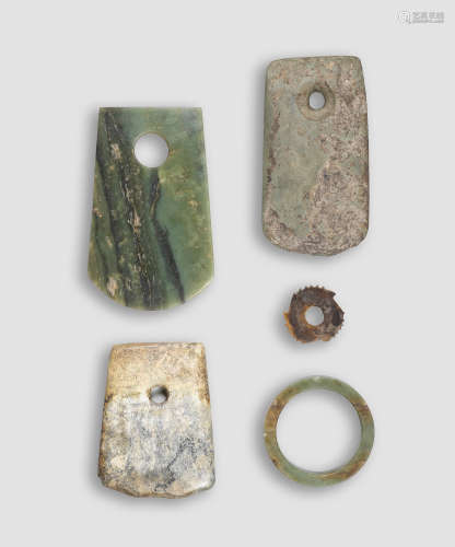 FIVE ARCHAIC JADE AND HARDSTONE CARVINGS Neolithic Period to...