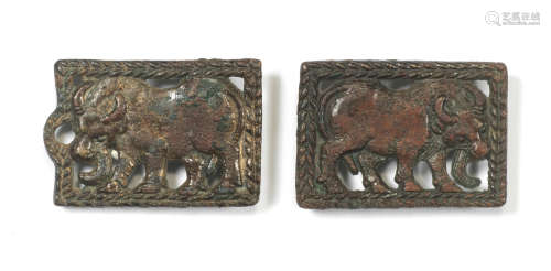 A PAIR OF ORDOS BRONZE 'WATER BUFFALO' BELT PLAQUES 4th/3rd ...