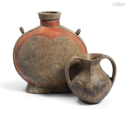 A PAINTED GREY POTTERY FLASK, BIANHU, AND A BURNISHED GREY P...