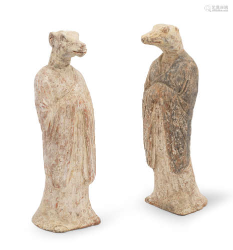 TWO PAINTED POTTERY 'ZODIAC' FIGURES Tang Dynasty