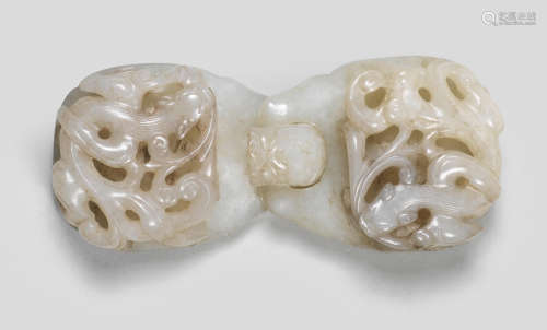A WHITE-GREY JADE 'CHILONG' BELT BUCKLE AND HOOK 18th centur...