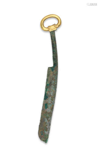A RARE GOLD-HANDLED BRONZE SCHOLAR'S KNIFE Warring States Pe...