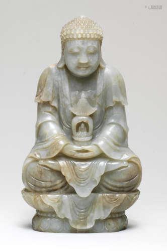 A VERY RARE IMPERIAL PALE GREEN JADE FIGURE OF BUDDHA 17th/1...
