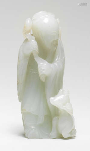 A WHITE JADE FIGURE OF SHOULAO AND DEER 18th century