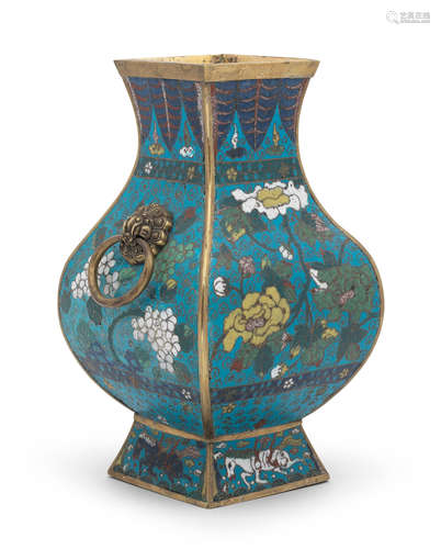 A CLOISONNÉ ENAMEL SQUARE VASE, FANGHU Incised Jingtai six-c...