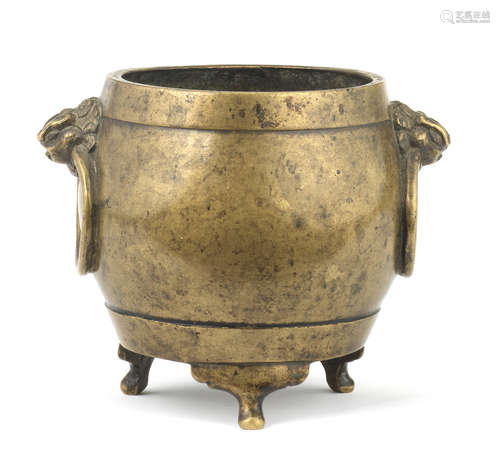 AN UNUSUAL BRONZE DRUM-SHAPED TRIPOD INCENSE BURNER Xuande s...