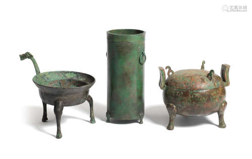 THREE ARCHAIC BRONZE RITUAL VESSELS Warring States/Han Dynas...