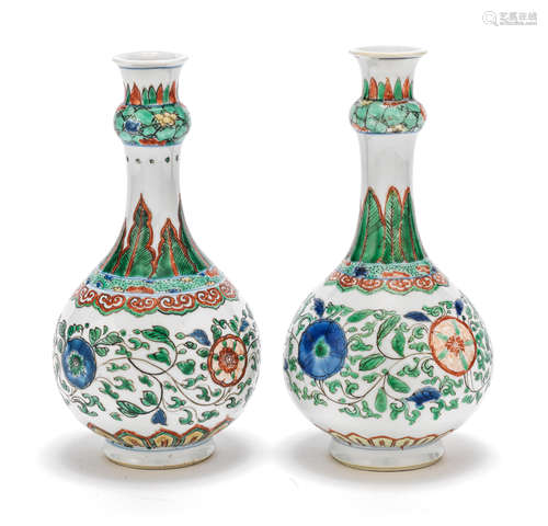 TWO FAMILLE VERTE BOTTLE VASES Kangxi