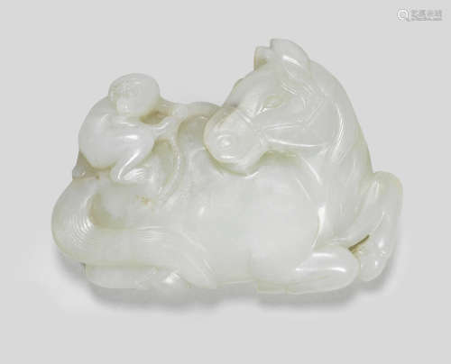 A PALE GREEN JADE 'HORSE AND MONKEY' BELT BUCKLE 17th/18th c...