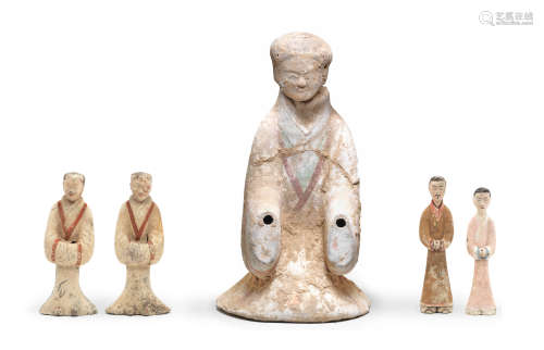 FIVE PAINTED POTTERY FIGURES OF ATTENDANTS Western Han Dynas...