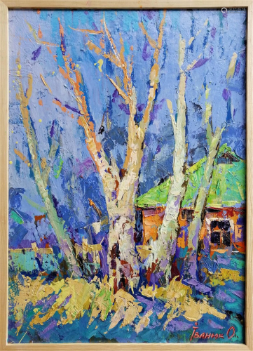 NO RESERVE Oil painting Autumn in the yard Kalenyuk