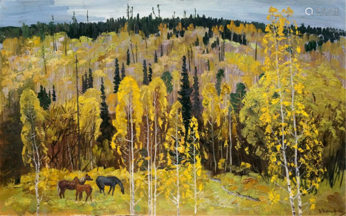Oil painting Horses walk in the woods Vladimir