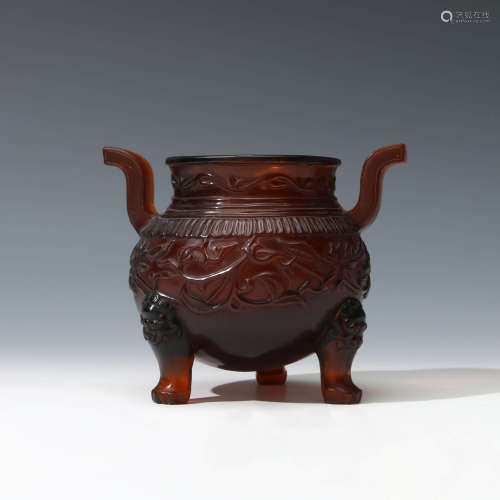 A Red Glass Floral Tripod Censer