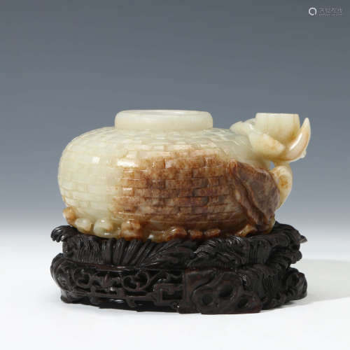 A Carved White Jade Lotus Root Formed Water Coupe With Stand