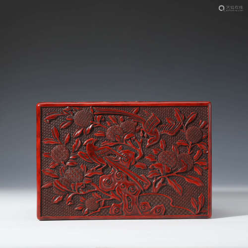 A Carved Cinnabar Lacquerware Birds And Lychee Square Box An...