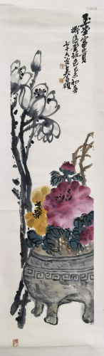 CHINESE SCROLL PAINTING OF FLOWER IN DING SIGNED BY WU