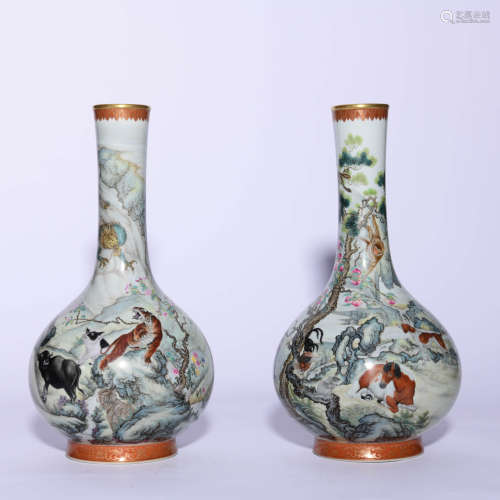 A Pair Of Gilt Copper-Red Twelve Zodiacs Bottle Vases