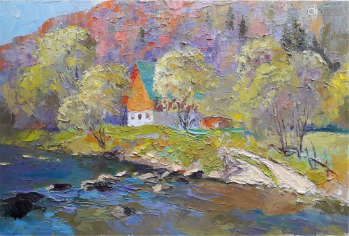 NO RESERVE Oil painting Mountain stream Serdyuk Boris