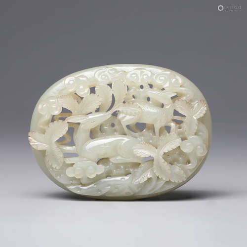 A Carved White Jade Deers And Lingzhi Plaque