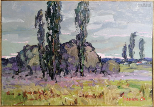 NO RESERVE Oil painting Poplars by the roadside