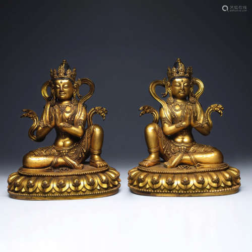 A Pair Of Gilt-Bronze Statues Of Bodhisattva