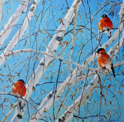 NO RESERVE Oil painting Bullfinches Varvarov Anatoly