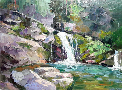NO RESERVE Oil painting Waterfall Serdyuk Boris