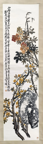 CHINESE SCROLL PAINTING OF FLOWER AND ROCK SIGNED BY …