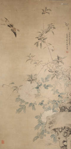 A Chinese Flowers And Birds Painting Scroll, Fei Erqi Mark