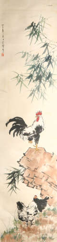 A Chinese Rooster Painting Scroll, Xu Beihong Mark