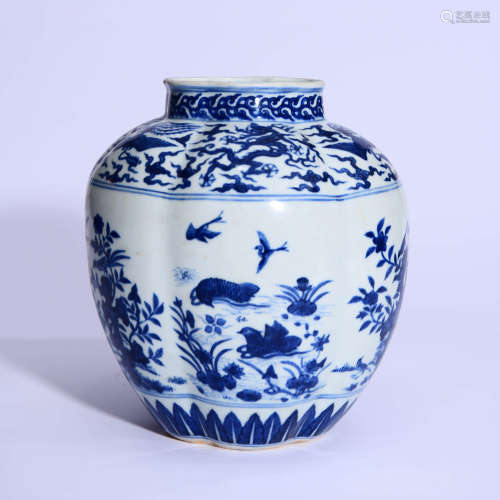 A Blue And White Birds And Flower Lobed Jar