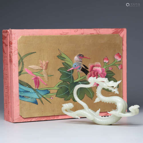 A Carved White Jade Dragon Ornament And Box