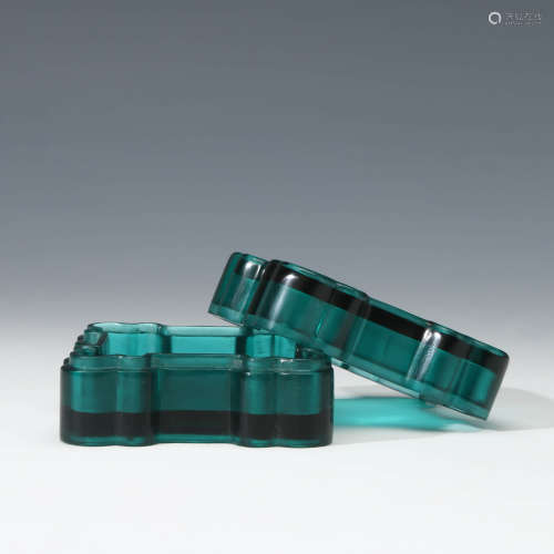 A Green Glass Square Box And Cover