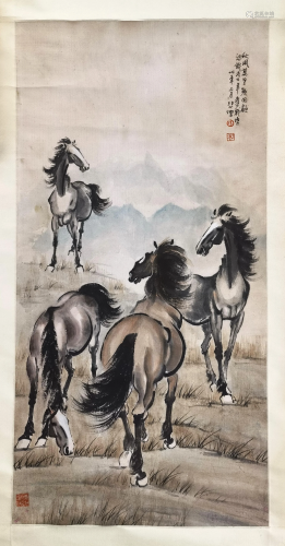 CHINESE SCROLL PAINTING OF FOUR HORSE SIGNED BY XU