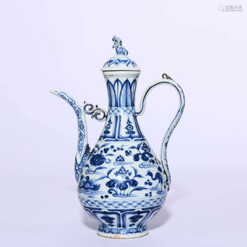 A Blue And White Chinese Mandarin Ducks Beast-Handled Ewer