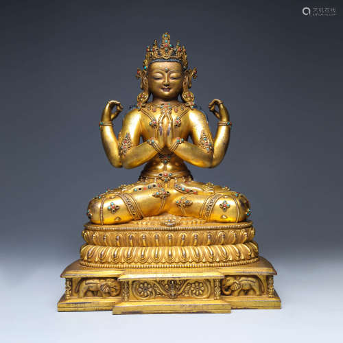 A Gems Inlaying Gilt-Bronze Four-Armed Avalokitesvara