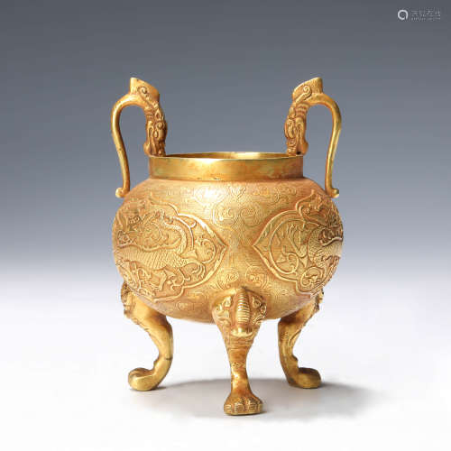 A Gilt-Bronze Interlocking Lotus Beast Tripod Censer