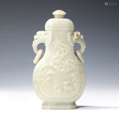 A White Jade ‘Shou&Fu’ Double-Eared Vase And Cover