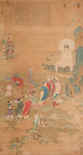 A Chinese Guanyin Statue Painting Scroll, Ding Guanpeng Mark