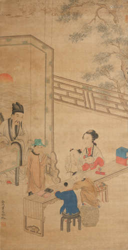 A Chinese Figures Painting Scroll, Leng Mei Mark