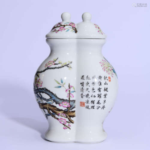 An Inscribed Wucai Floral Conjoined Double Vase