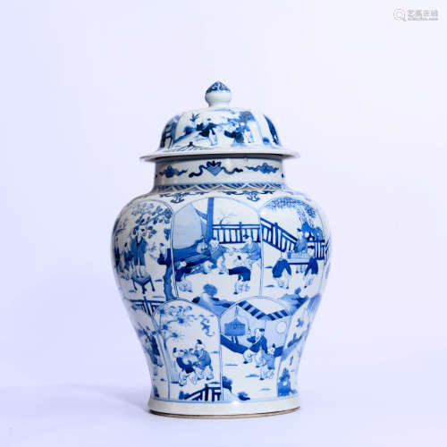 A Blue And White Figures Jar And Cover