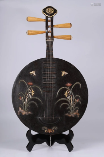 CHINESE GEMSTONE INLAID BLACE LACQUER PIPA LUTE QING